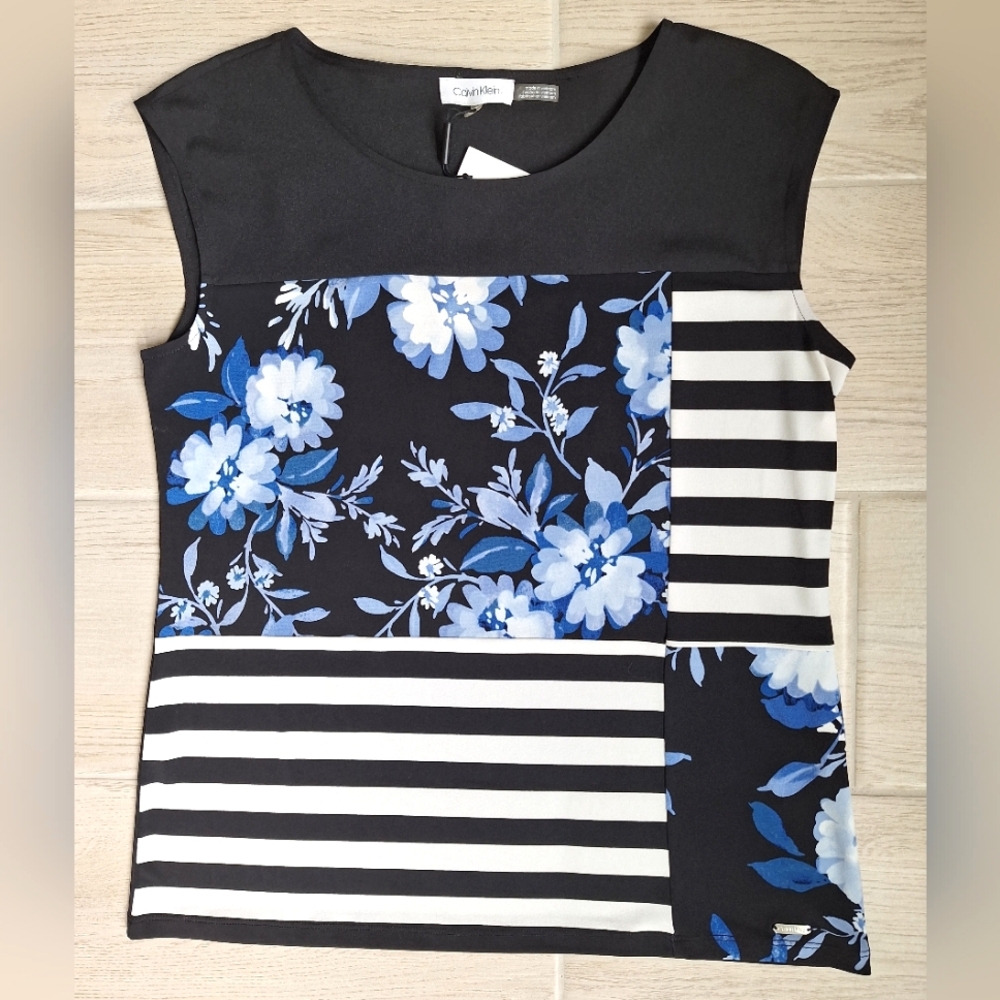 Calvin Klein women's floral and striped sleeveless top -size medium - NWT black